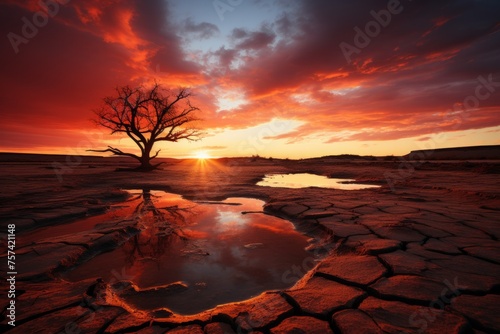 A tree stands alone in the desert as the sky changes colors during the sunset