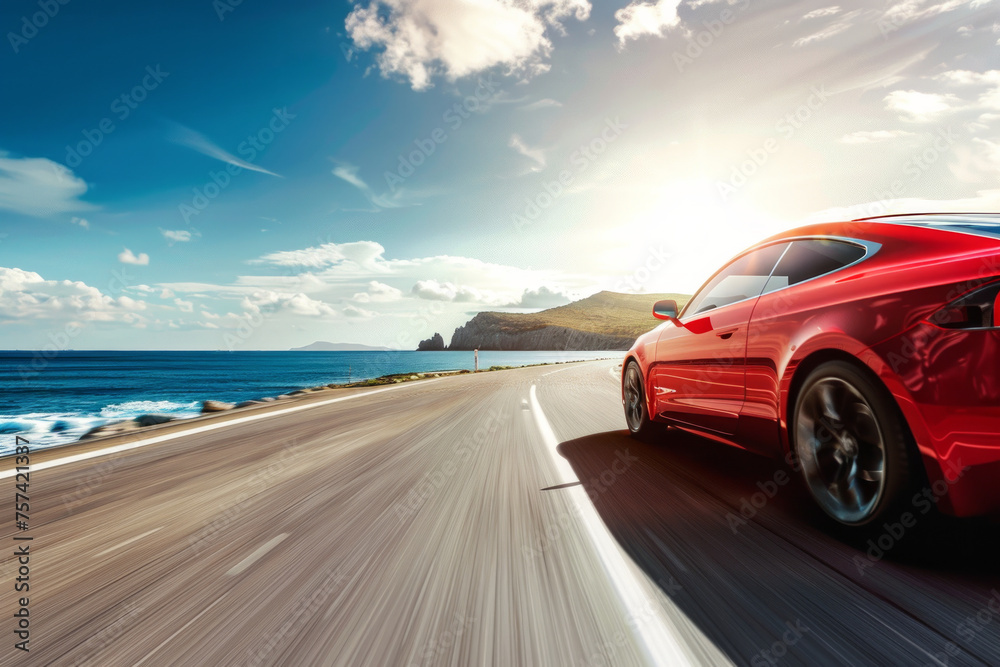 Red sports car speeds down a road that runs parallel to the ocean, with waves crashing against the shore in the background.