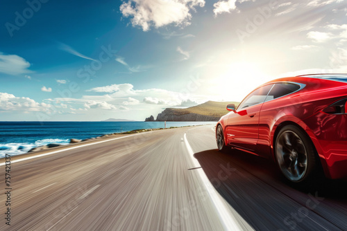 Red sports car speeds down a road that runs parallel to the ocean, with waves crashing against the shore in the background. photo