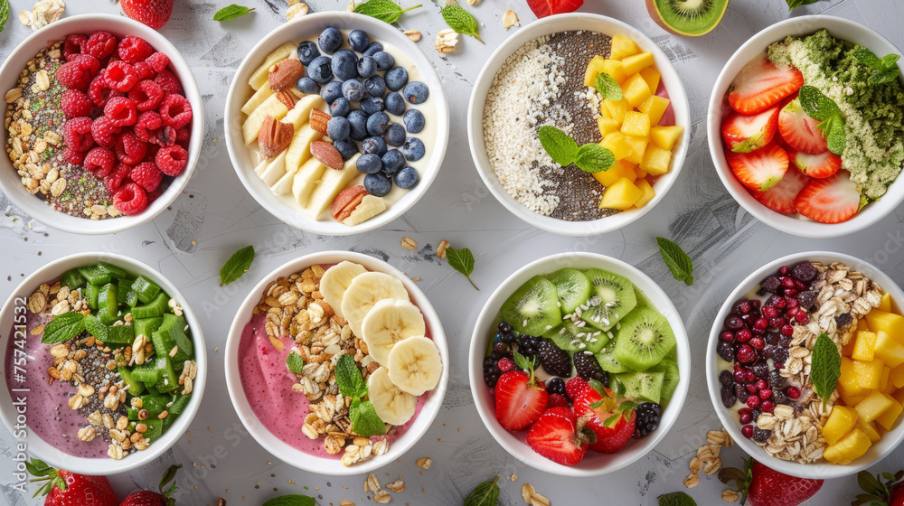 Top view of various fresh and healthy breakfast bowls with a focus on colorful ingredients and balanced meals