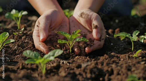 Plant in Hands, Human hands planting seedlings or trees in the soil Earth Day and global warming campaign, Close-up of a human hand holding a seedling including planting seedlings, Earth Day 