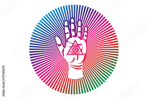 Colorful psychedelic open palm with all seeing eye sacred Masonic symbol, third eye of Providence, triangle pyramid. New World Order.  alchemy icon, religion, spirituality, occultism. Magic Vector 
