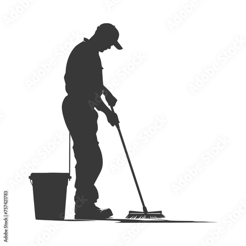 Silhouette janitor sweeps the floor black color only full body