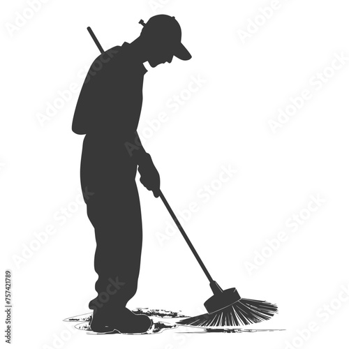 Silhouette janitor sweeps the floor black color only full body