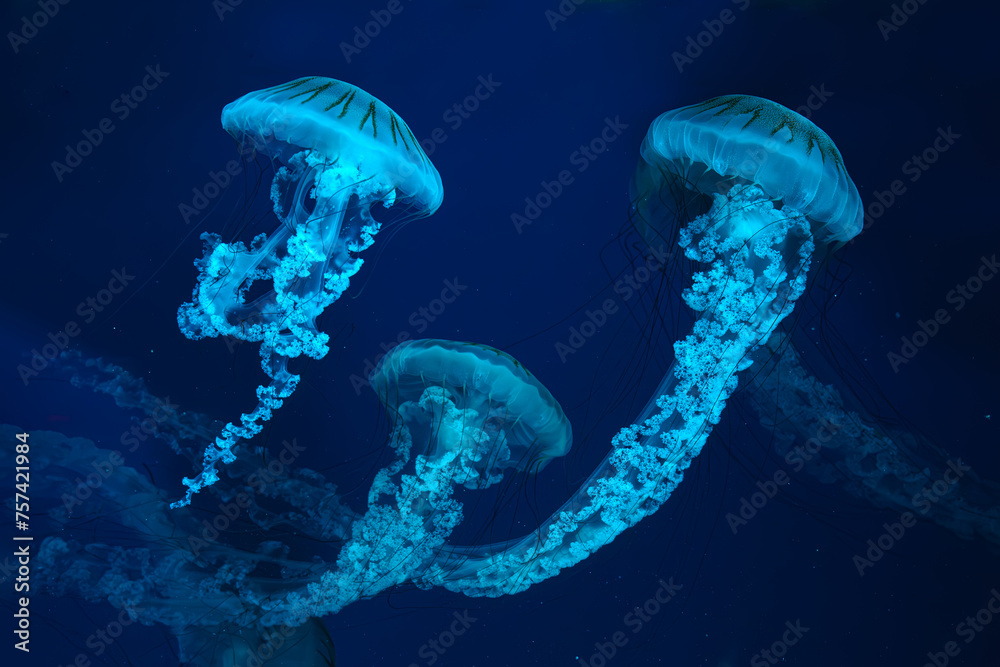 Group of Jellifish South american sea nettle, Chrysaora plocamia swimming in dark water of aquarium tank with blue neon light. Aquatic organism, animal, undersea life, biodiversity