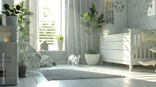 A sunlit children's room filled with playful toys, crisp white furniture, and green plants, evoking a sense of joy and purity