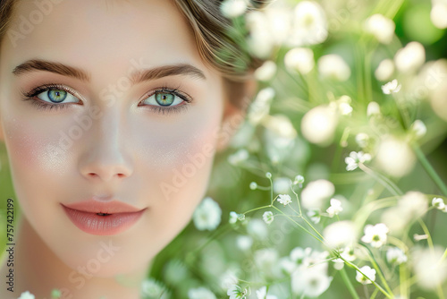 Portrait of beautiful girl with natural make-up with spring flowers