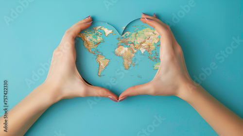 Hands holding a heart shaped world map in front of blue background 