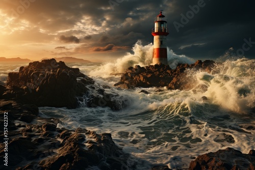 a lighthouse on a rocky island in the middle of the ocean surrounded by waves © JackDong