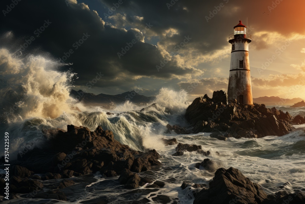 Lighthouse tower on rocky island with waves, under cloudy sky