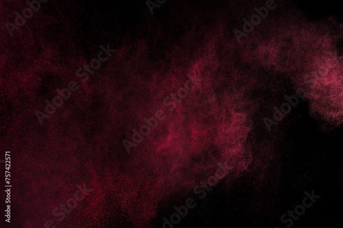 Fire texture. Smoke light. Red powder explosion on black background. Flame cloud. Pink dust explode. 