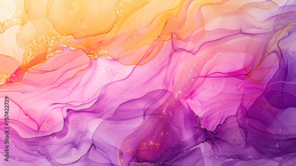 Abstract background of pink, purple and yellow watercolor with fluid art painting alcohol ink style.