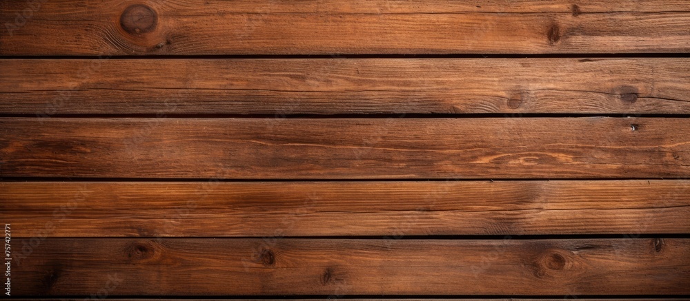 A closeup of a rectangular brown hardwood plank table with wood stain and varnish. The flooring has a beautiful pattern with tints and shades