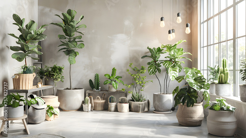 A spacious room with an abundance of potted plants and natural light, exemplifying a modern indoor urban jungle