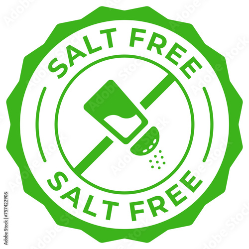 Salt free label vector icon illustration for product package. Low sodium green logo, symbol, badge, tag or emblem isolated. No added salt stamp, seal, sticker, mark or tag. photo