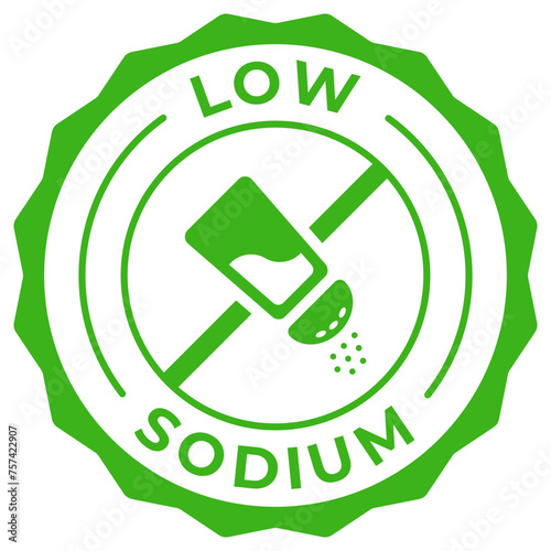 Low sodium label vector icon illustration for product package. Sodium free green logo, symbol, badge, tag or emblem isolated. No added salt stamp, seal, sticker, mark or tag.