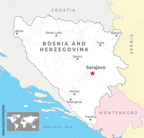 Bosnia and Herzegovina Political Map with capital Sarajevo, most important cities and national borders photo