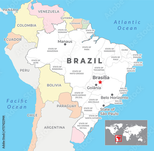 Brazil map with capital Brasilia, most important cities and national borders photo