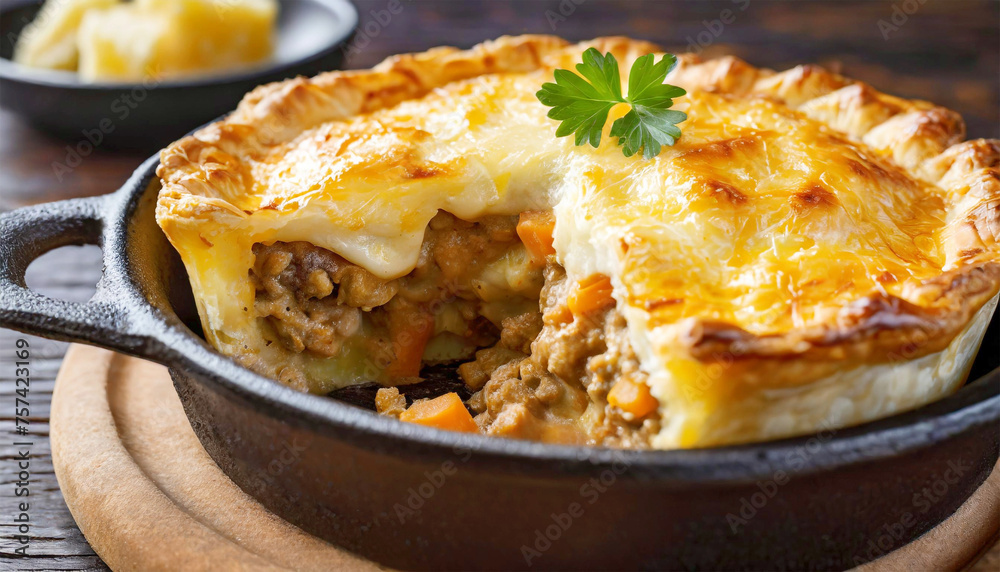 Shepherd's pie cooked in a cast-iron skillet. Shepherd's pie cooked in a cast-iron skillet.