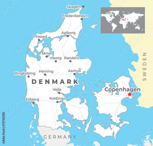 Denmark Map with capital Copenhagen, most important cities and national borders