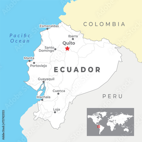 Ecuador map with capital Quito, most important cities and national borders photo