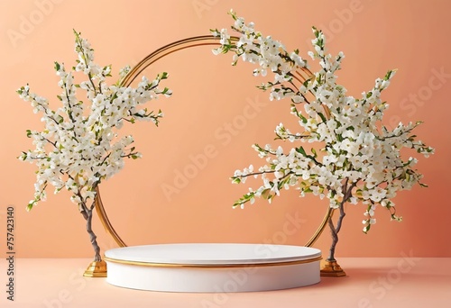 3d rendered background products podium  minimal floral scene style background with leaf geometric platform. 3d rendered. Template scene of stage showcase.