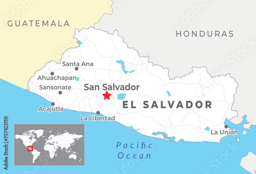 El Salvador Political Map with capital San Salvador, most important cities and national borders