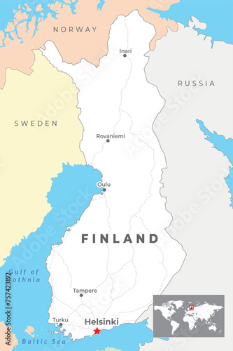 Finland Political Map with capital Helsinki, most important cities and national borders photo