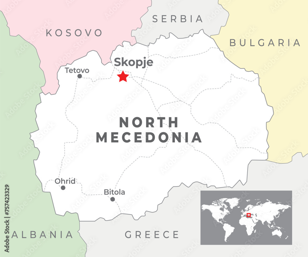 North Macedonia political map with capital Skopje, most important cities and national borders