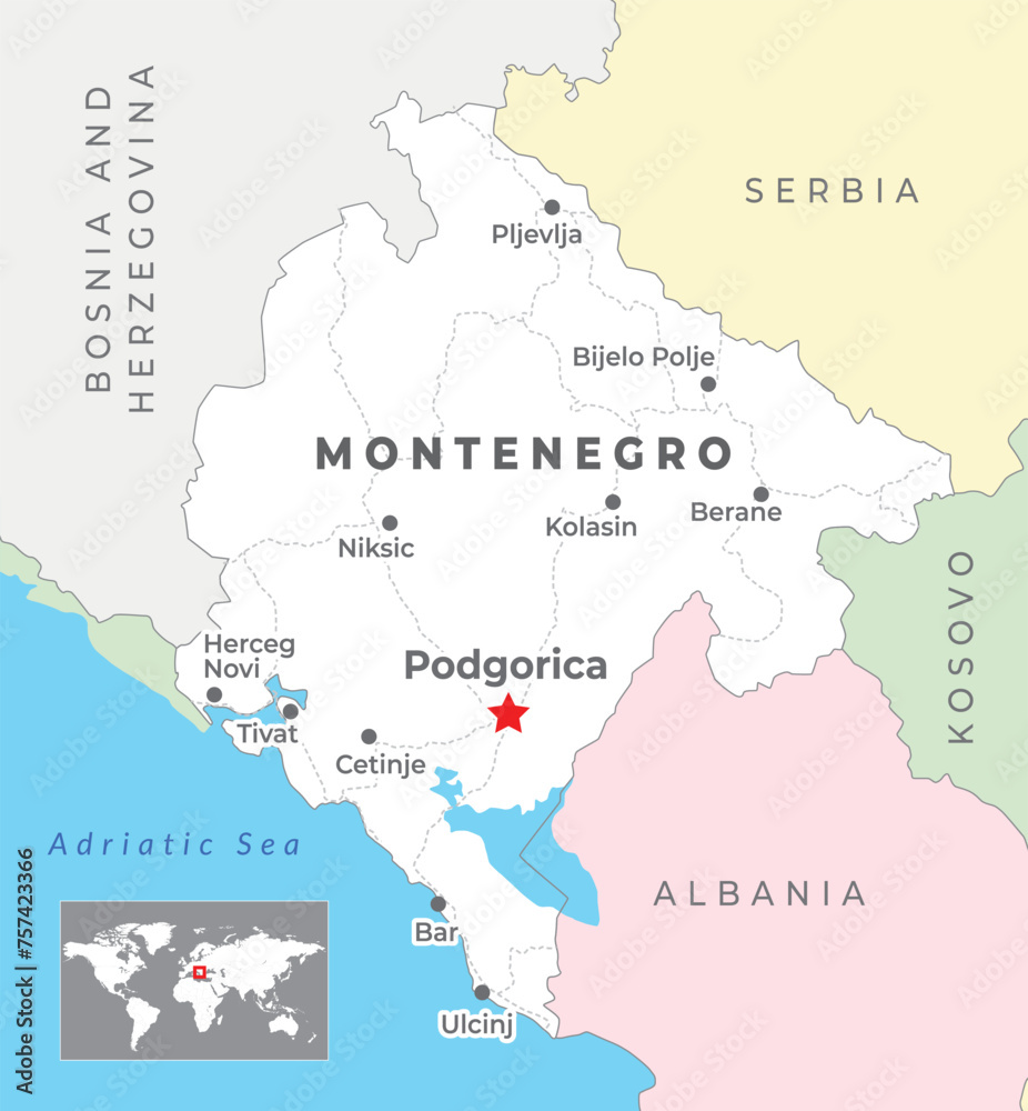 Montenegro political map with capital Podgorica, most important cities and national borders