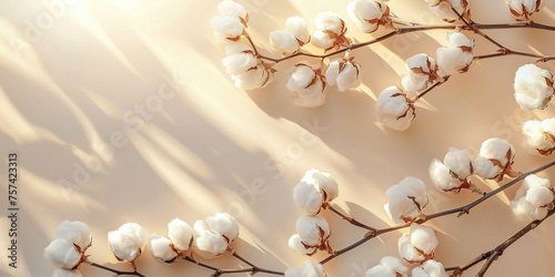 Beautiful cotton flowers under the glowing sun on a beige background  top view