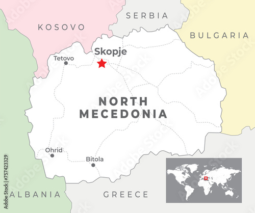 North Macedonia political map with capital Skopje, most important cities and national borders photo