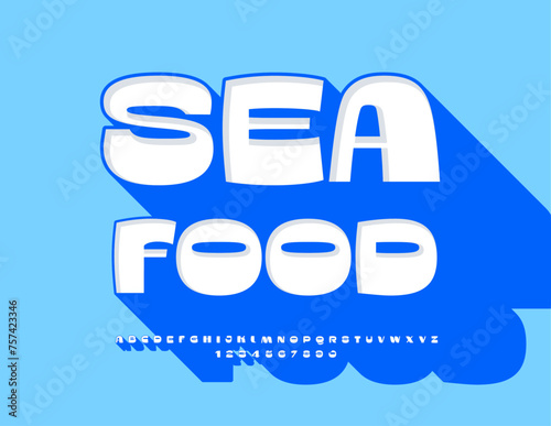 Vector bright Advertisement Sea Food. Modern 3D Font with Blue Shadow.. Artistic Alphabet Letters and Numbers set.