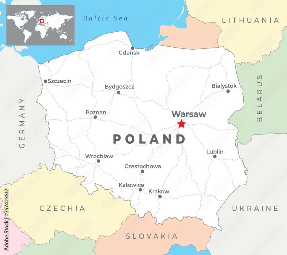 Poland Political Map with capital Warsaw, most important cities and national borders