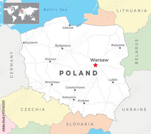 Poland Political Map with capital Warsaw, most important cities and national borders