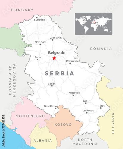 Serbia political map with capital Belgrade, most important cities and national borders