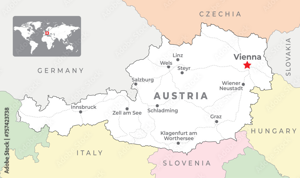 Austria, political map, with the capital Vienna, most important cities and national borders