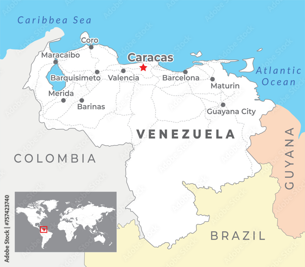 Venezuela map with capital Caracas, most important cities and national borders - obrazy, fototapety, plakaty 