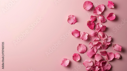 Scattered pink rose petals over a soft pastel pink background with space for text.
