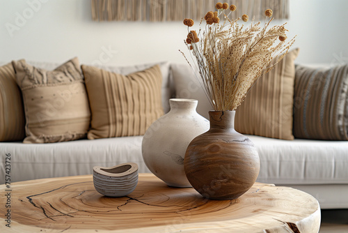 Modern Living Room with Wooden Vases and Dried Wheat on Natural Wood Coffee Table"