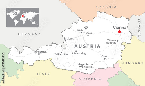 Austria  political map  with the capital Vienna  most important cities and national borders