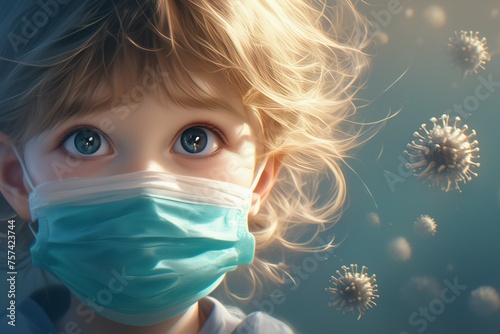 Child wearing a mask on macro virus picture background photo