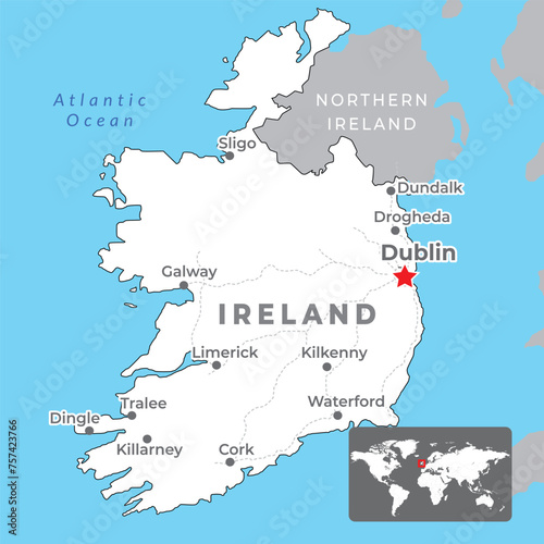 Ireland Political Map with capital Dublin, most important cities and national borders