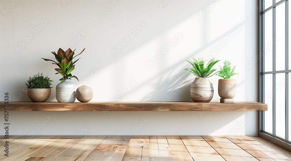 Wood floating shelf on white wall with wooden floor. Modern interior Wood floating shelf on white wall with wooden floor. Modern interior