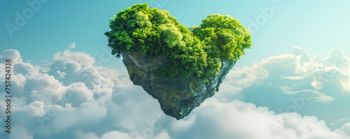 A heart made of plants is floating in the sky. Concept of hope and growth, as the heart is surrounded by lush greenery and he is floating above the clouds © Mongkol