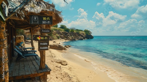 A beachside resort where "Wi-Fi Available" flags are placed at intervals along the beach, ensuring that guests can post their beach day pictures 