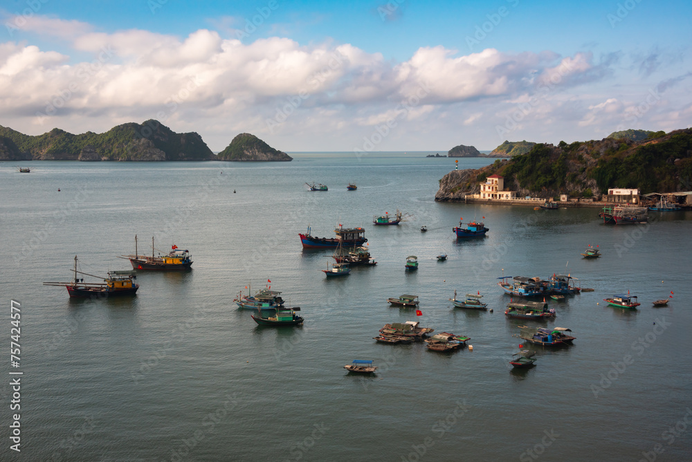 Sea bay in Vietnam with fishing boats. View from above