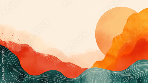 Asian American Heritage Month background. Oriental template design with empty copy space.. Abstract backdrop with sun and waves photo