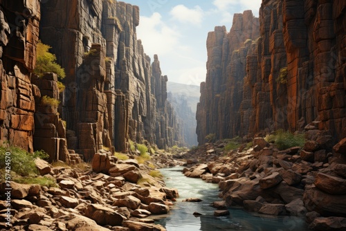 Water flows through a canyon with rocky cliffs, shaping the natural landscape
