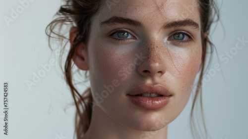 Close-up of a woman's natural, freckled face with a serene expression.